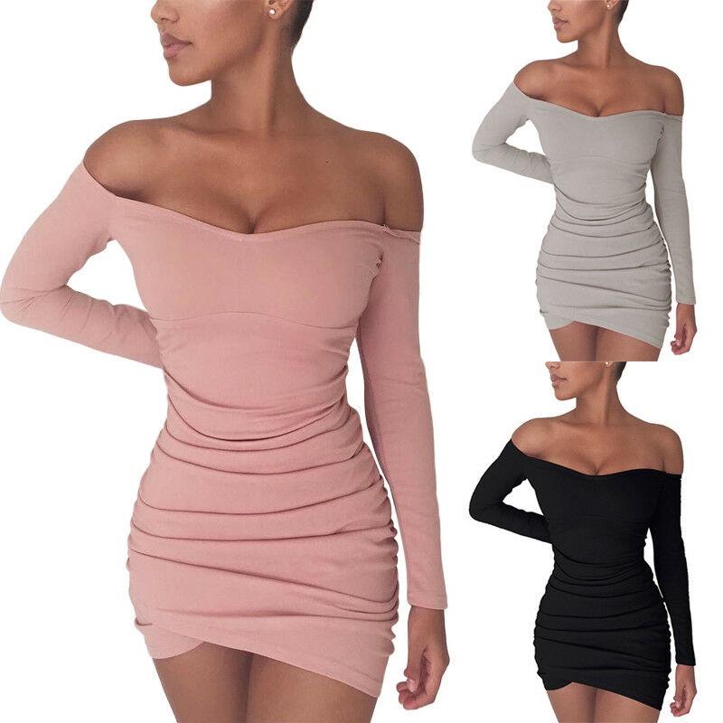 Elegant Women Long Sleeve Off Shoulder Evening Cocktail Party Club Bodycon Mini Dress Us