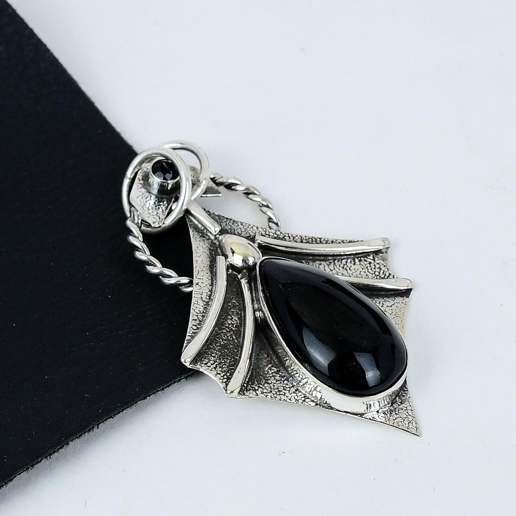 Natural Black Onyx Gemstone Silver Pendant in 925 Sterling Silver- Handmade Design, Everyday Wear Jewelry, Unique Black Spinal Pendant Gifts