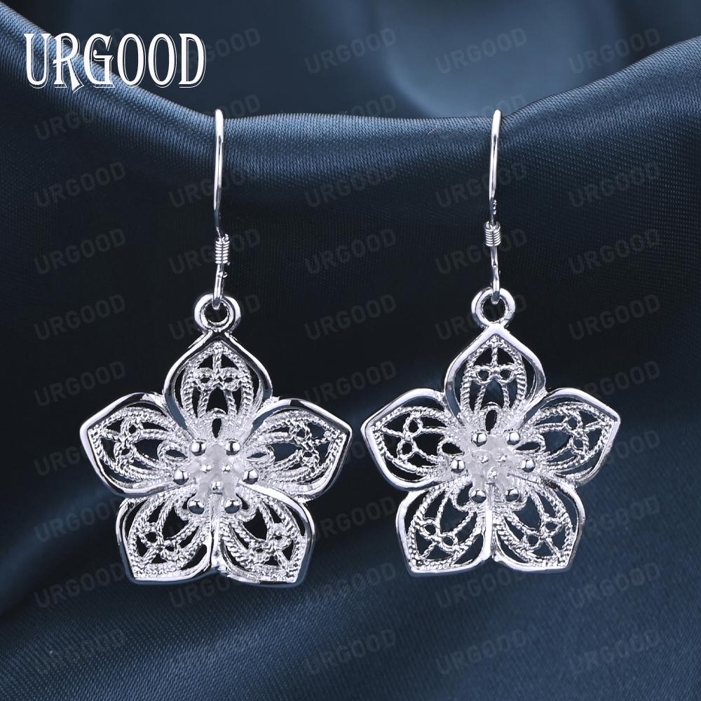 925 Sterling Silver Flower Star Pendant Piercing Earrings Fashionable Wedding Jewelry