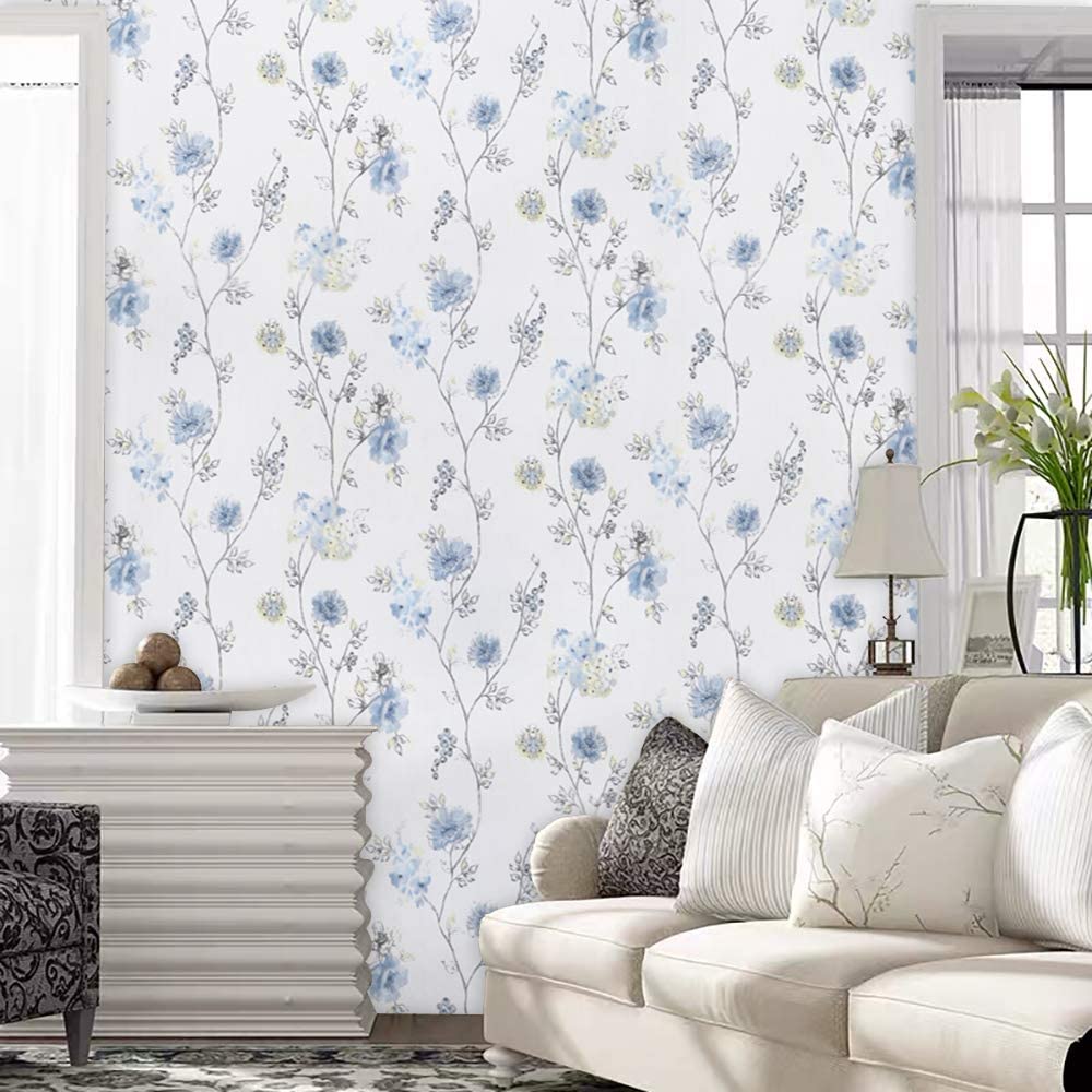 HaoHome Blue Floral Wallpaper Modern Floral Peel and Stick Wallpaper Self-Adhesive Waterproof Removable Contact Paper