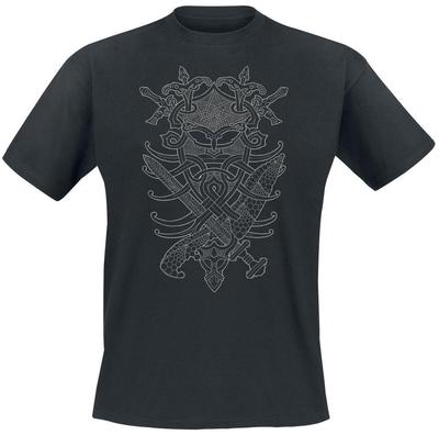 Wikinger keltischer Knoten T-Shirt, Schwarzes Baumwoll-T-Shirt mit nordischem Totem-Print & Gothic-Ärmellogo, Dark Metal Merch