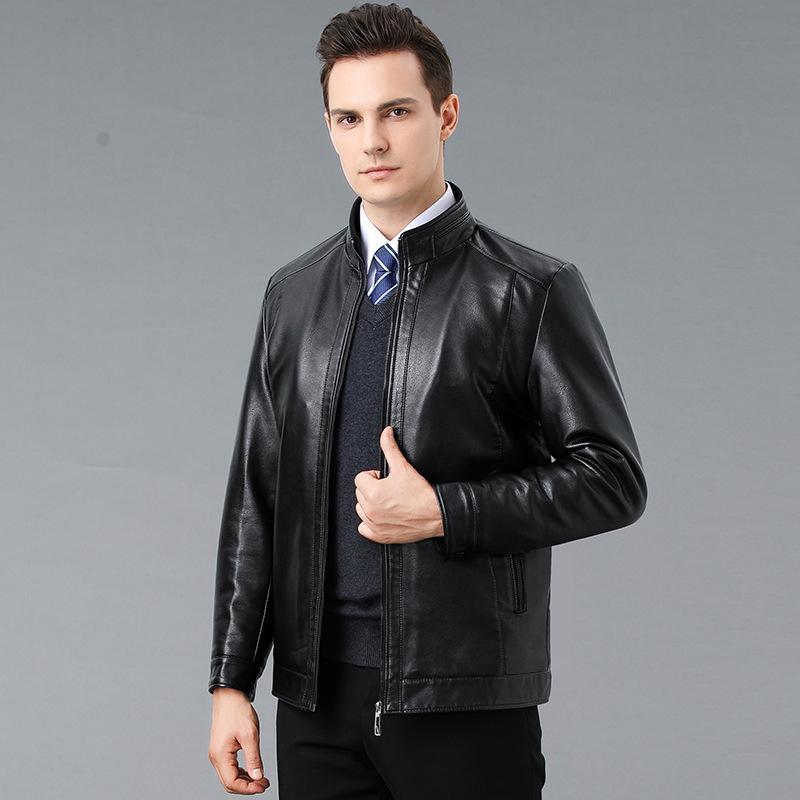 Autumn and Winter Fur All-in-one Genuine Leather Jacket Casual Business Men Middle-aged Dad Wear Stand-up Collar Plus Velvet Men's Jacket