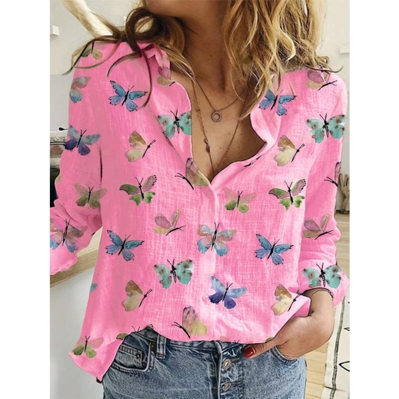 European and American Foreign Trade Women's Digital Printed Butterfly Floral Lapel Urban Temperament Long-sleeved Button-down Shirt