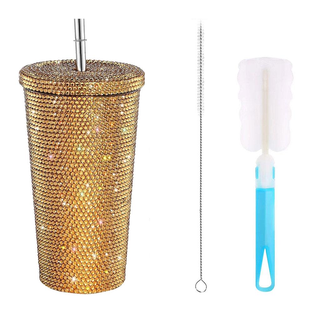 Insulated Straw Tumbler Stainless Steel Rhinestone Cup 24 Hour Hot Cold Water Coffee Drinkware For Office Travel Gym Accessories