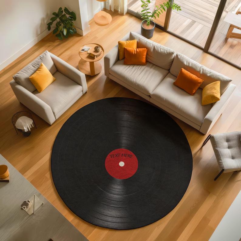 Cd Rug Retro Vinyl Record Round Rug Music Lover’s Black Record Carpet Musical Notes Design for Living Room Bedroom Home Office