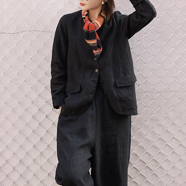 2025 Spring & Autumn Black Linen Round Neck Slim Jacket with Elastic Waist Loose Carrot Pants