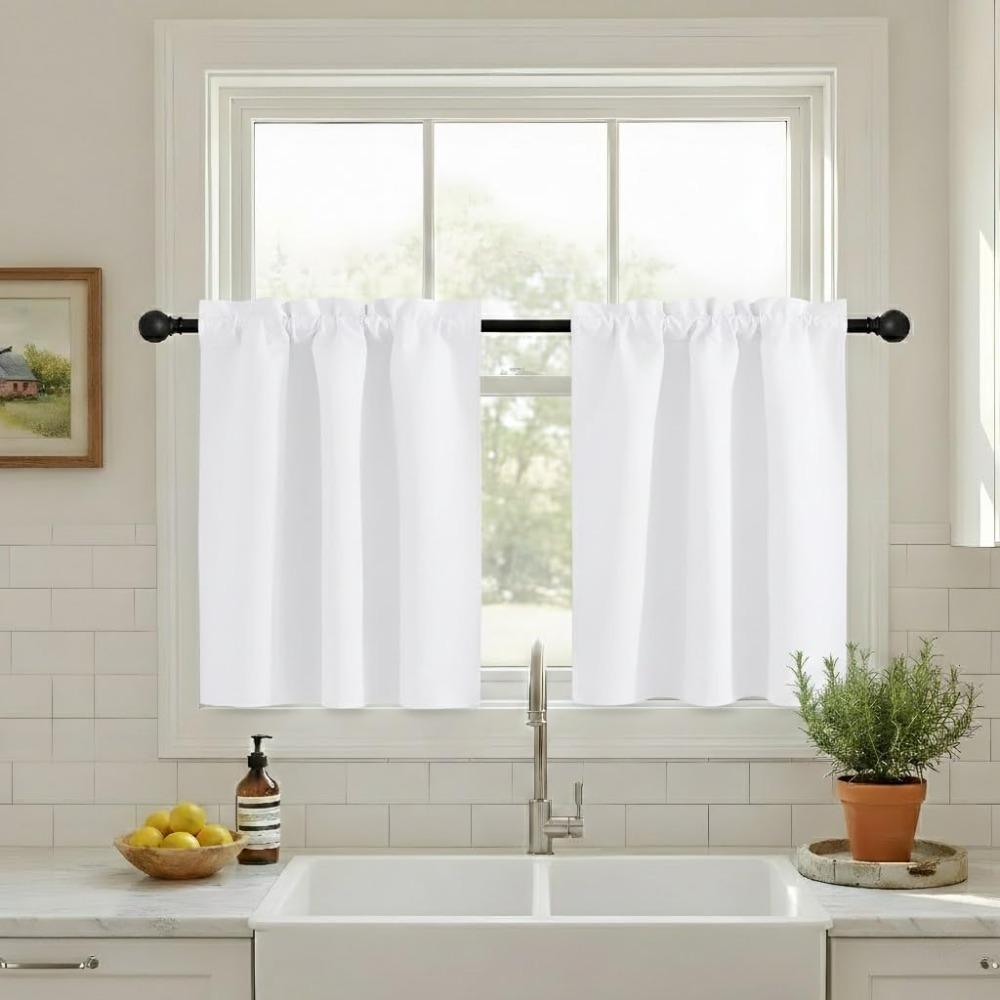 2PCS Solid Color Kitchen Short Curtain Through-rod Design Cabinet Curtain Living Room