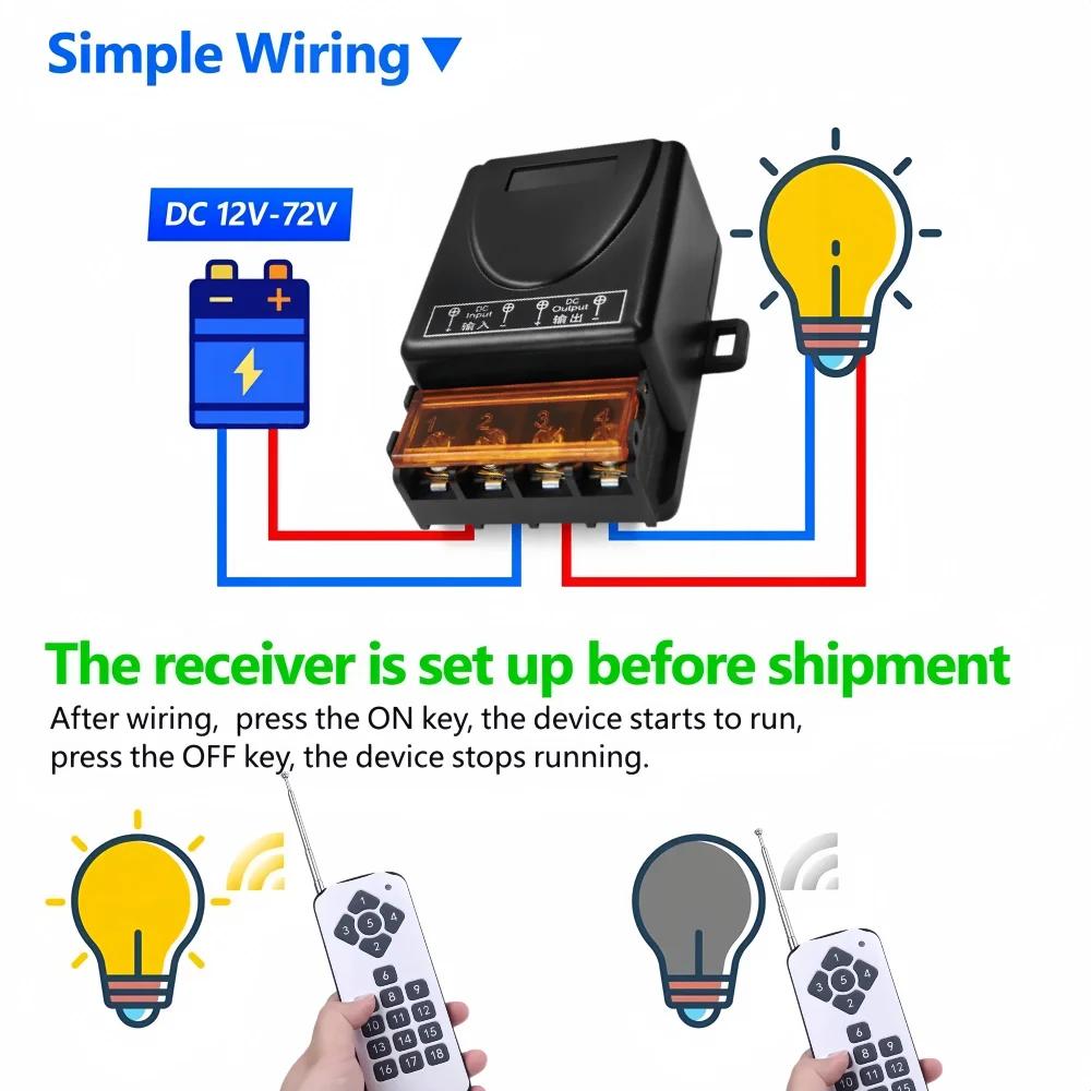 433 Mhz RF Wireless Universal Remote Control Switch DC 12V 24V 72V 30 Amp Relay 1000 Meters Remote ON OFF Home Appliances for Pump Lamp Fan DIY