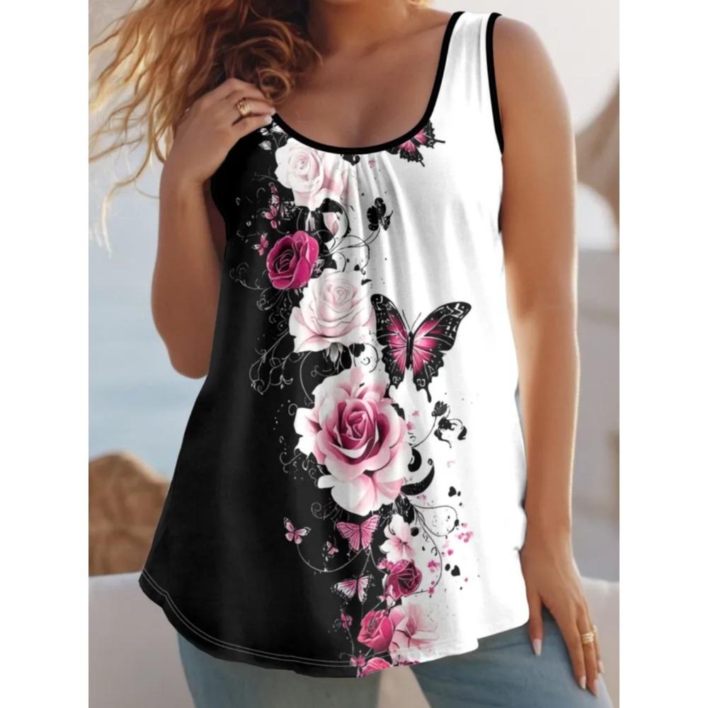 Summer Women's Large Size 3D Printing Flower Vest Loose Fashionable Comfortable Soft Breathable O Neck Sleeveless Vest