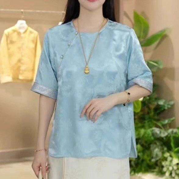 

2025 high-end temperament top luxury high-end gentle jacquard diagonal short-sleeved summer shirt women M (under 50kg recommended) синий