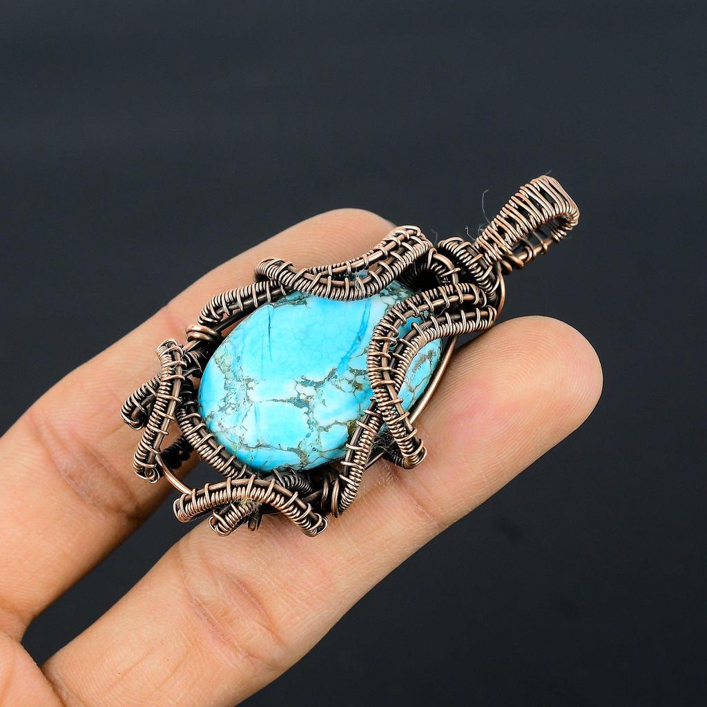 Tibetan Turquoise Pendant, 999 Copper Wire Wrapped Gemstone Jewelry, Handmade Pendant, For Thanksgiving