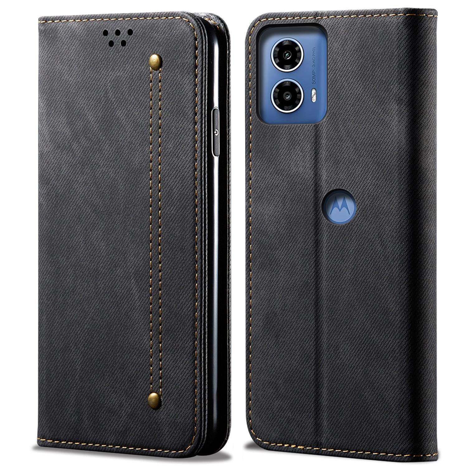 

For Motorola Moto G45 5G/G34 5G 5G Case Leather Jeans Cloth Texture Phone Cover Card Slots Magnetic Closure Black