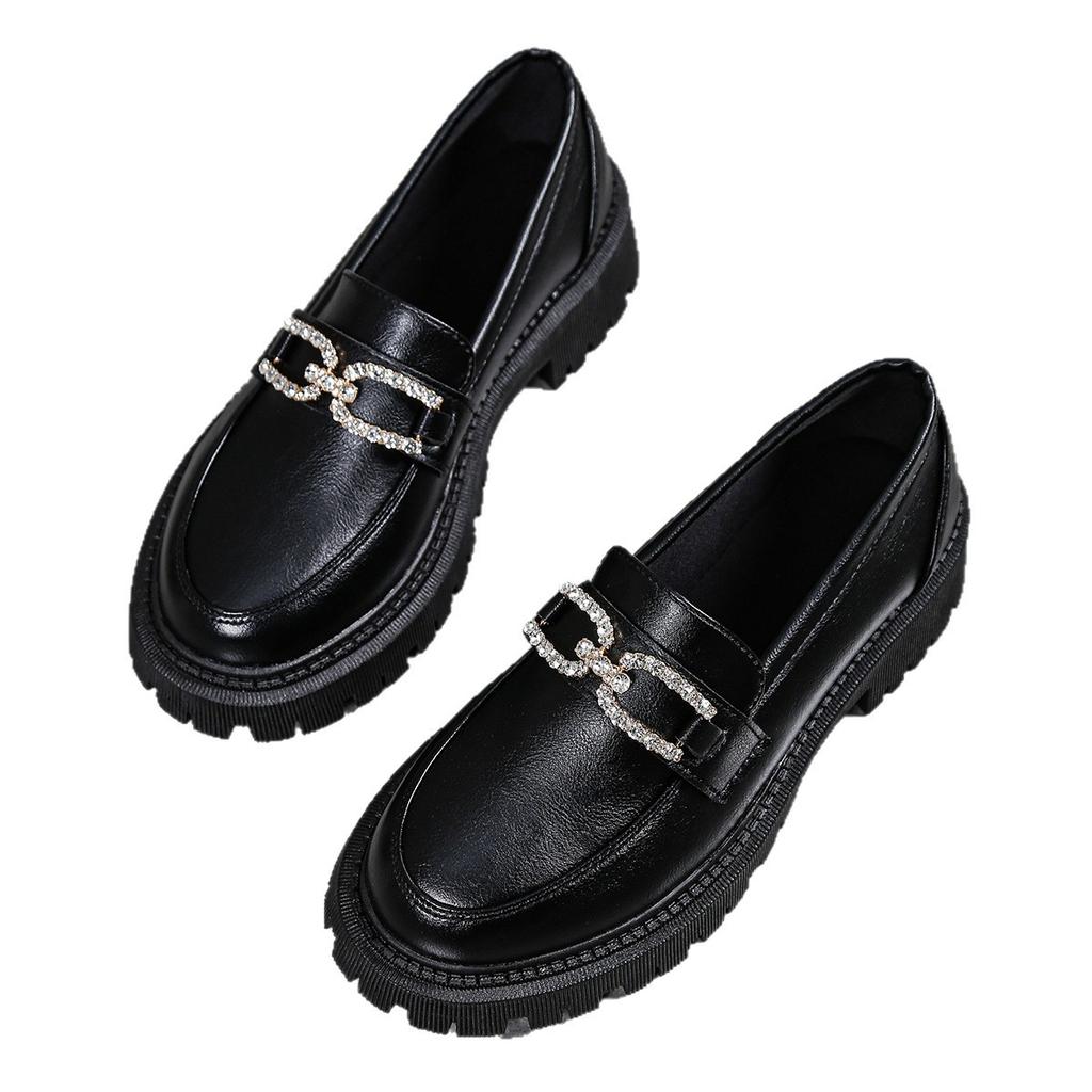 Large Size Small Leather Shoes Women's Spring and Autumn Thick-soled British Women's Shallow Mouth Rhinestone Buckle Single Shoes Women