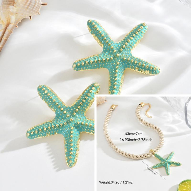 Boho Colorful Metal Oil Drop Big Starfish Pendant Rope Chains Necklace For Women Summer  Jewelry Set Gifts