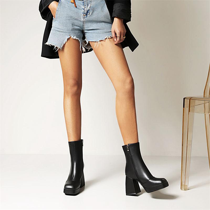 B5/Dámské krátké kozačky na vysokém podpatku Podzim a zima Nová barva Candy Nepromokavá platforma Velké kozačky na silném podpatku