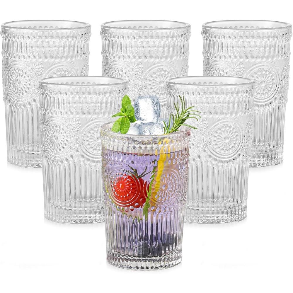 6pcs Vintage Glassware Drinking Glasses Clear Textured Flower Design Glass Water Tumblers Embossed Striped Drinkware 6pcs Clear