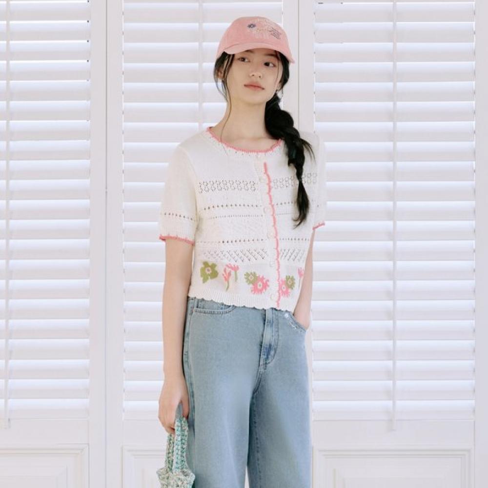 Thursday Island Women Flower Jacquard Color Block Short Sleeve Cardigan T264mcd2