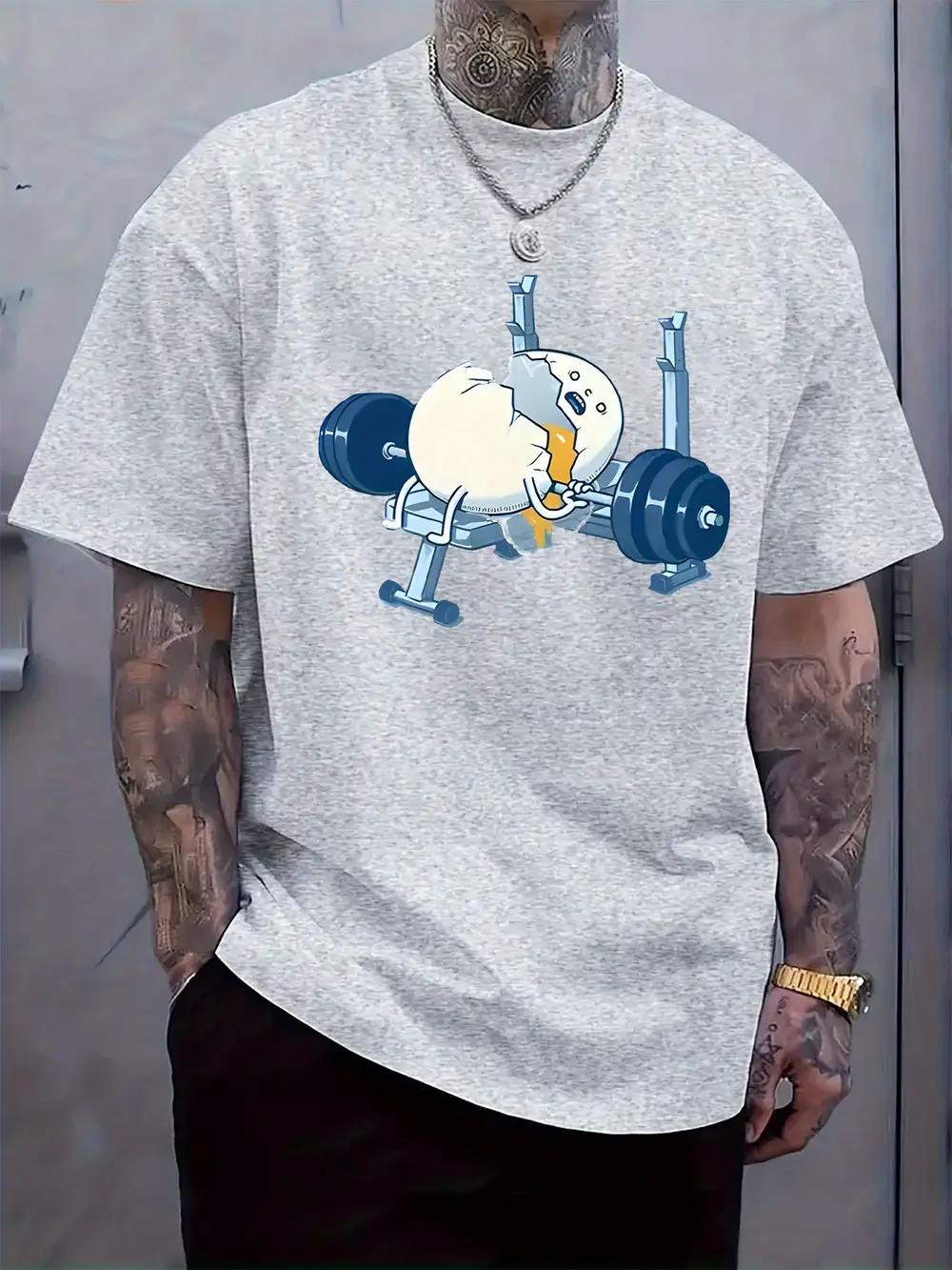 

Fitness Egg Cartoon Graphic T-shirt - White Crew Neck Short Sleeve Tee with Dumbbell Design XXL