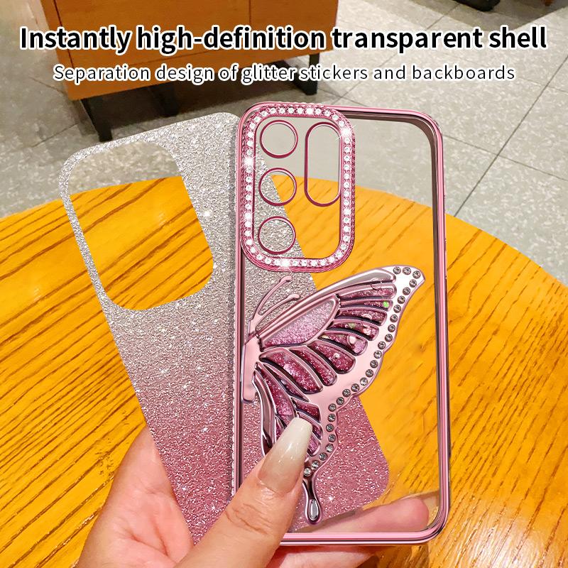 Diamond Glitter Liquid Quicksand Butterfly Phone Holder Case for Samsung Galaxy S25 S24 S23 S22 S21 S20 Ultra FE Plus Cover