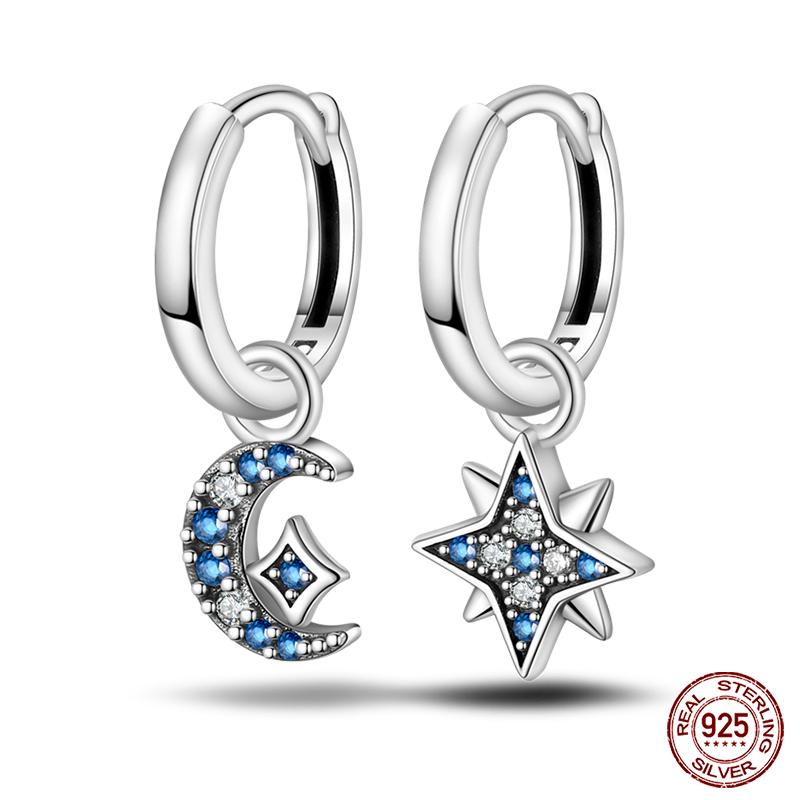 925 Sterling Silver Sparkling Cubic Zircon Star Moon Pendant Hoop Earrings for Women Luxury Wedding Anniversary Jewelry Gifts