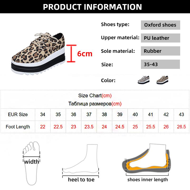 fashion Women's Round Toe Leopard Print Oxfords Lace Up Chunky Platform Casual Shoes Woman Thick Bottom Non Slip Trainers Plus Size 43