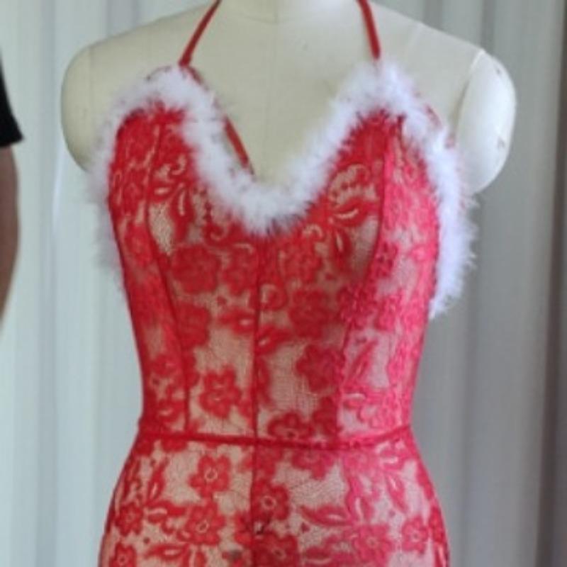 Sous-vêtements de Noël sexy Dentelle rouge sexy Entrejambe transparent Body Combinaison de Noël