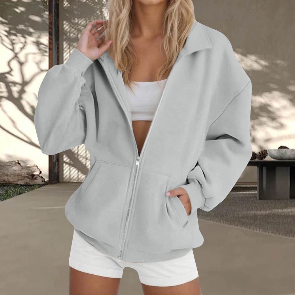 Women's  Fashion Zipper Hoodie Long Sleeve Hooded Pullover Sweatshirt Casual Solid Color Tops With Pockets