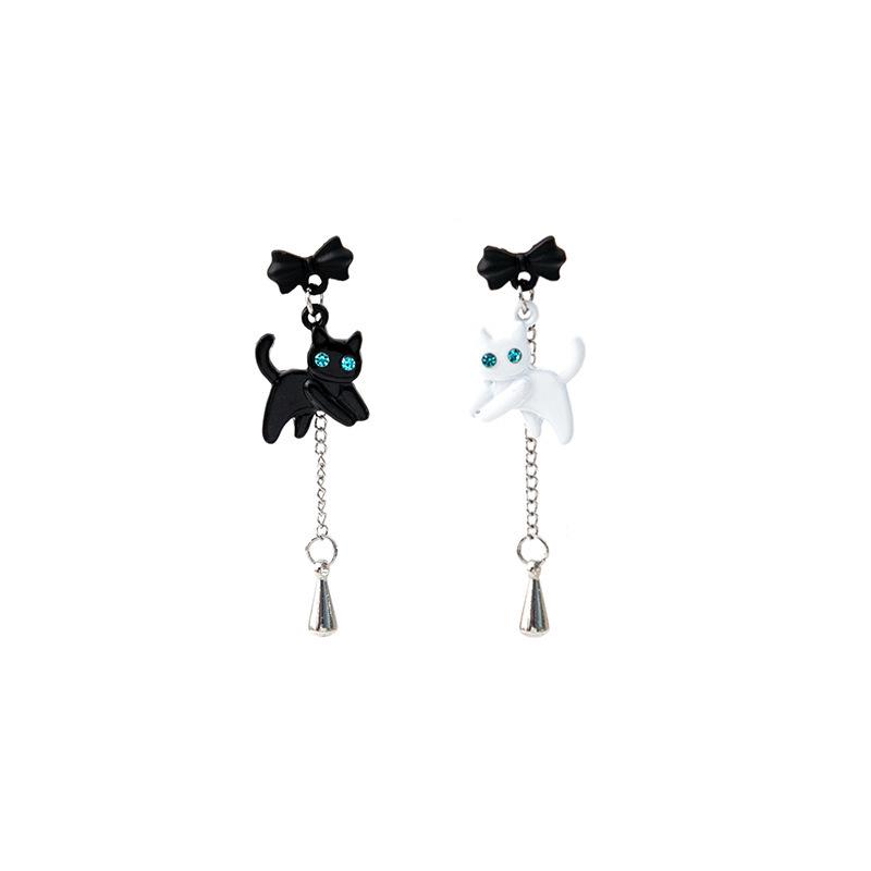 Silver Needle Cute Cat & Bow Asymmetrical Drop Earrings for Women - Sweet Japanese Korean Design