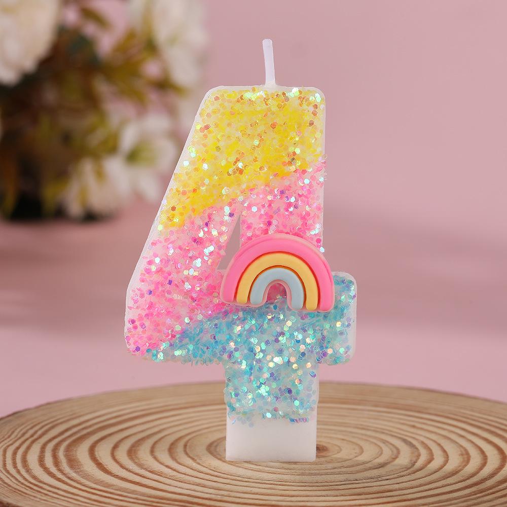Rainbow Glitter Number Candles for Children's Birthday Cake, 0-9 Toppers