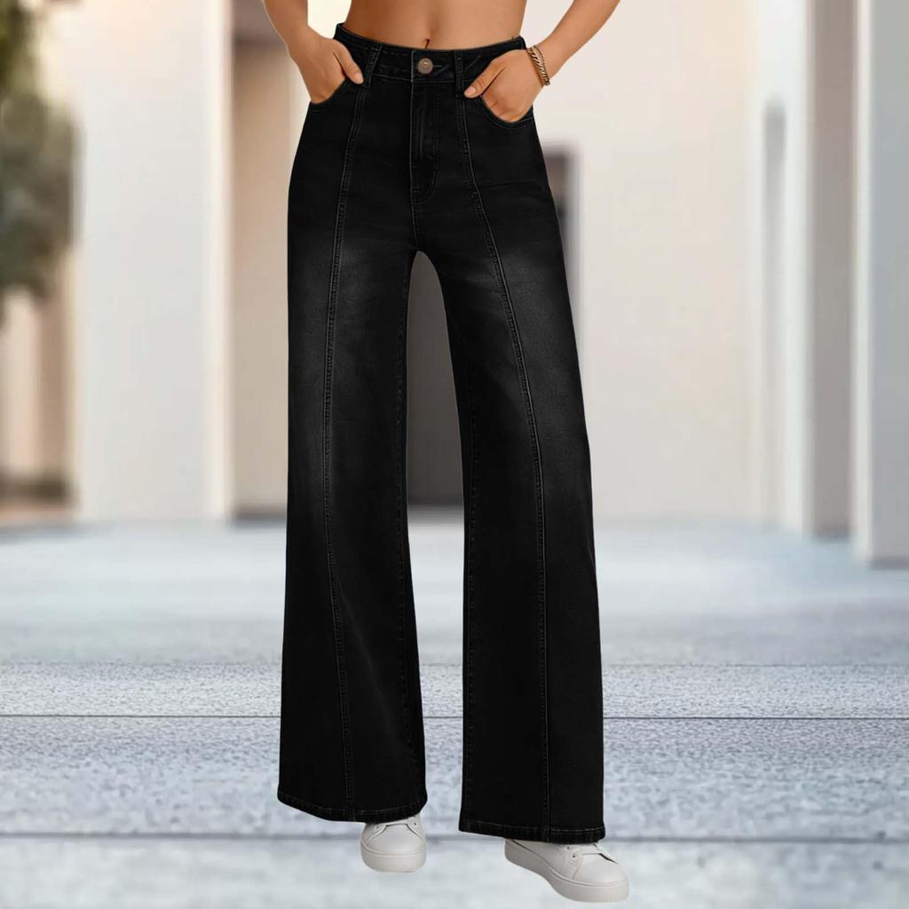 Damen Jeans mit weitem Bein Leichte gerade geschnittene lockere Jeans mit Kordelzug Denim Hose