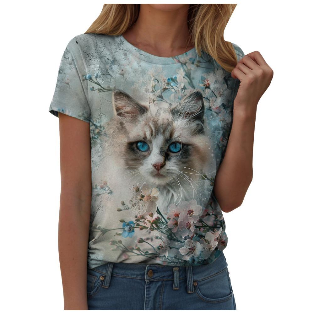Women Vintage Oil Painting Cat Round Neck Short Sleeve T Shirt S
