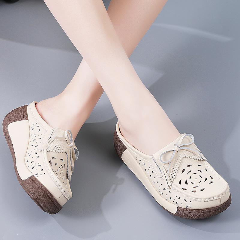 Damen Sandalen mit Höhenabsatz Plateau Loafers Rot Slipper zum Hineinschlüpfen Lässige Clogs Blume Leder Weiße Schuhe für Mutter