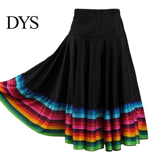 Dance Skirt Midi Ladies Folk Elastic High Waist Spanish Swing Rainbow Large Hem Mexican Flamenco Performance