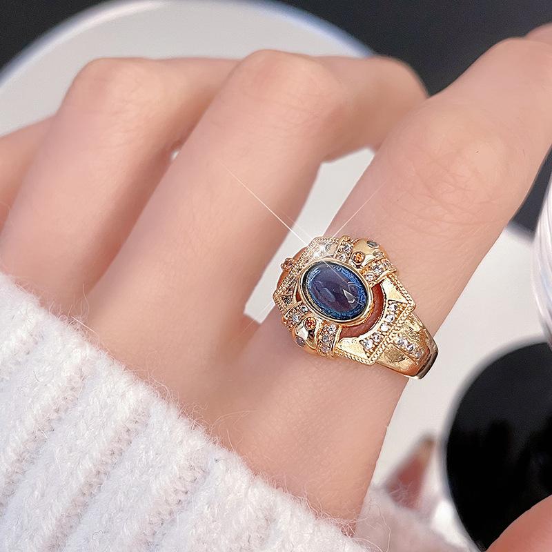 Medieval Retro Heavy Industry Inlaid Zir*****Pen Ring Brushed Light Luxury Niche High-End Court Ring Woman
