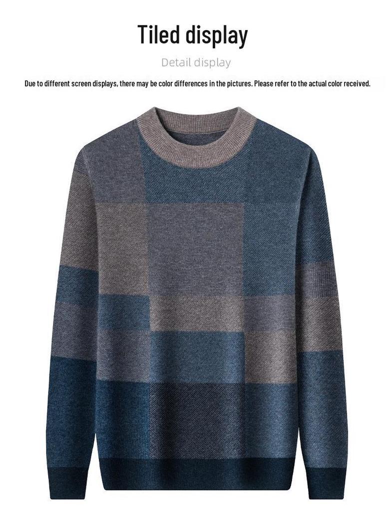 Men's 100% Wool Round Neck Sweater - 2025 Winter Fashion, Thickened Warm Base Layer for Young and Middle-Aged.