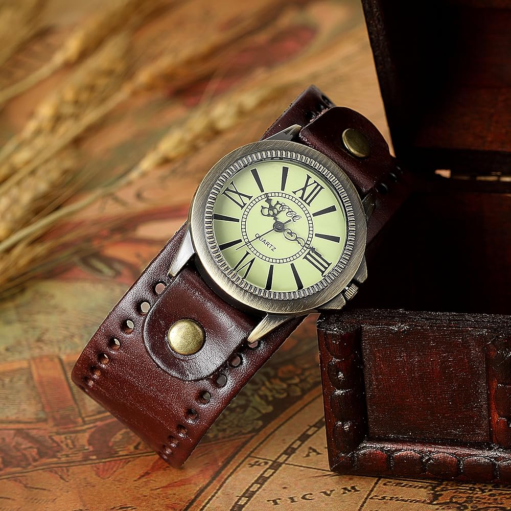 JewelryWe Antique Style Unisex Watch Retro Dial Frame Leather Alloy Brown