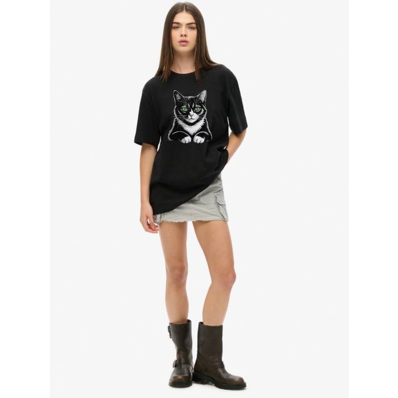 Oversized T Shirt Black Cat Print For Casual Wear