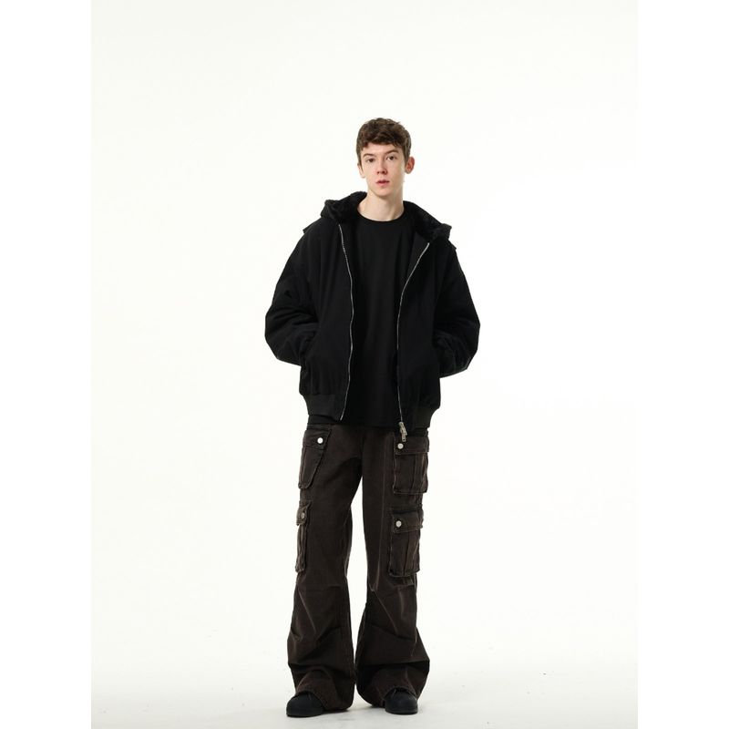 Madwitch Retro Cleanfit Winter Fleece-Lined Thickened Jacket Men's Workwear Washed Cotton Jacket