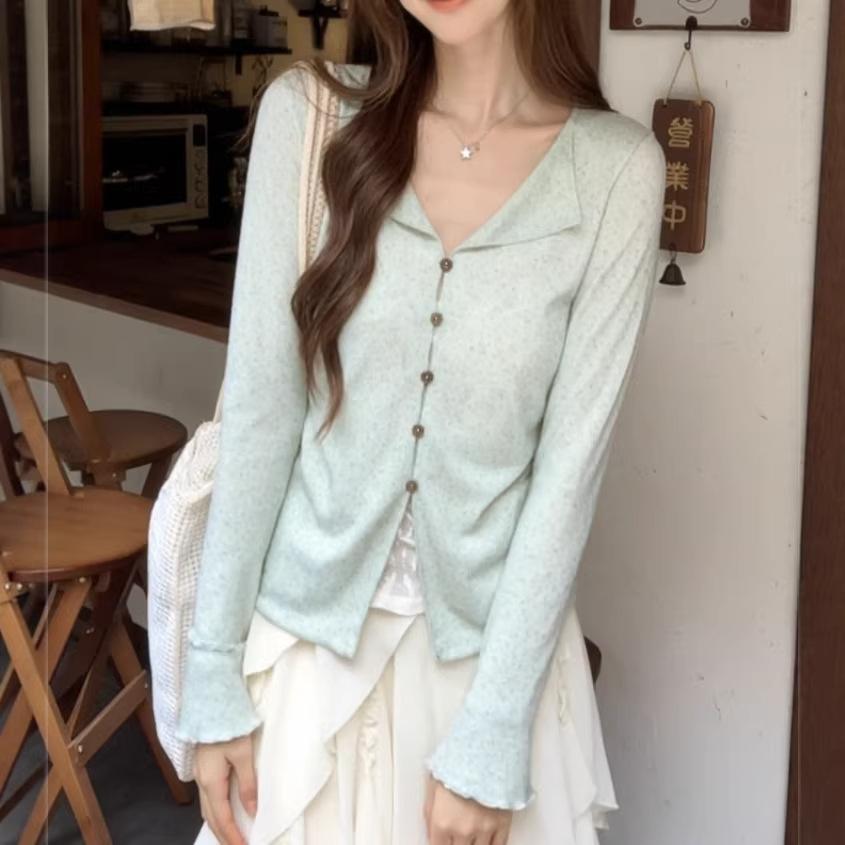 Mint green lapel top women s spring new long-sleeved shirt design sense niche S