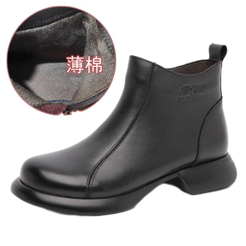 Leather thick heel soft bottom soft surface short boots children's autumn and winter retro round head large size velvet warm women's leather boots