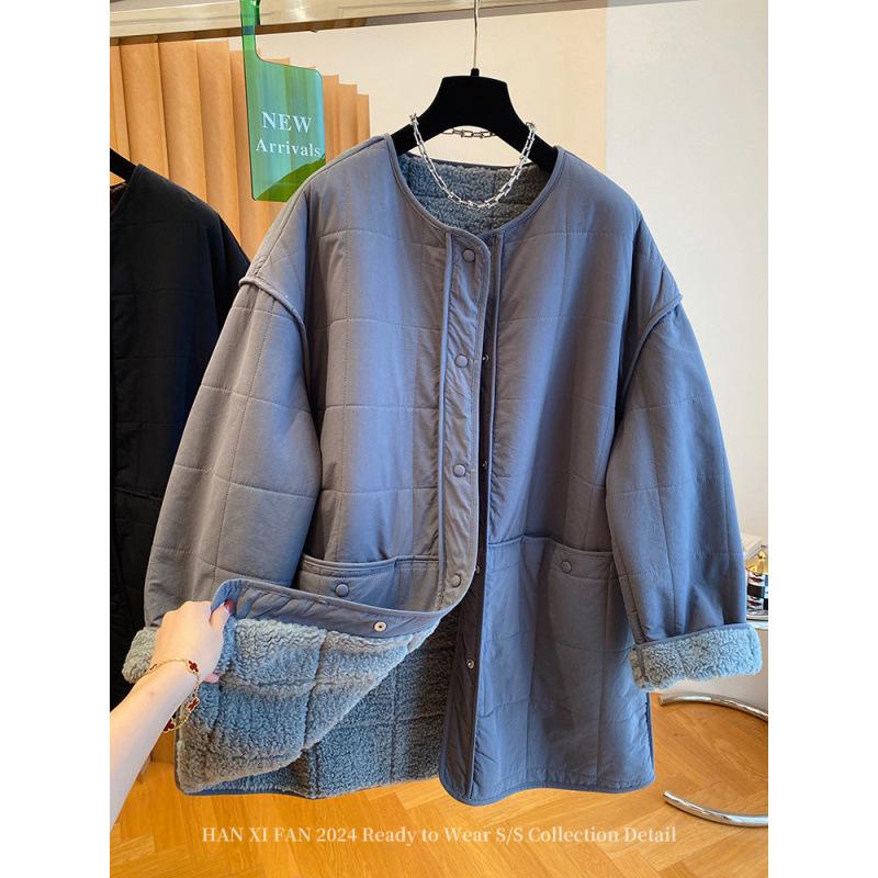 

Women s Mid-Length Cotton Jacket with Lambswool Lining - 2025 Loose Fit, Plus Velvet Padded Winter Outerwear L