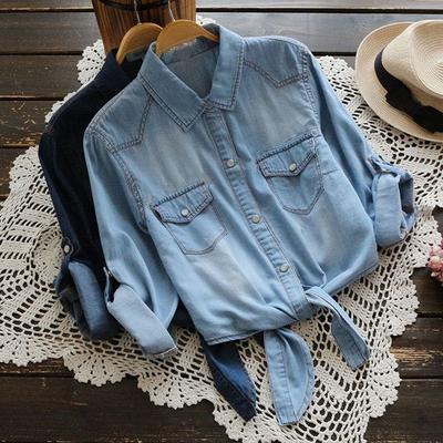 Lace-up Knotted Mid-sleeved Small Shawl Denim Shirt Female Korean Version of The Ladies Short Jacket Thin