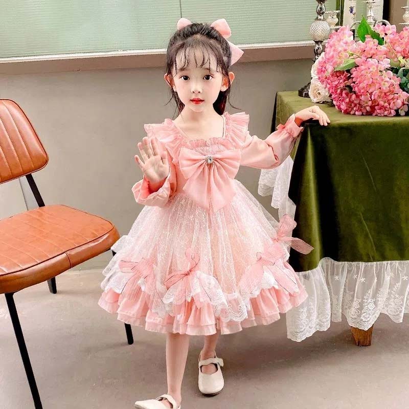 Lolita Girls Princess Dress Spring Autumn Children's Long Sleeve Pink Dress Lace Bow Decoration Sweet A-line Skirt Fairy Set