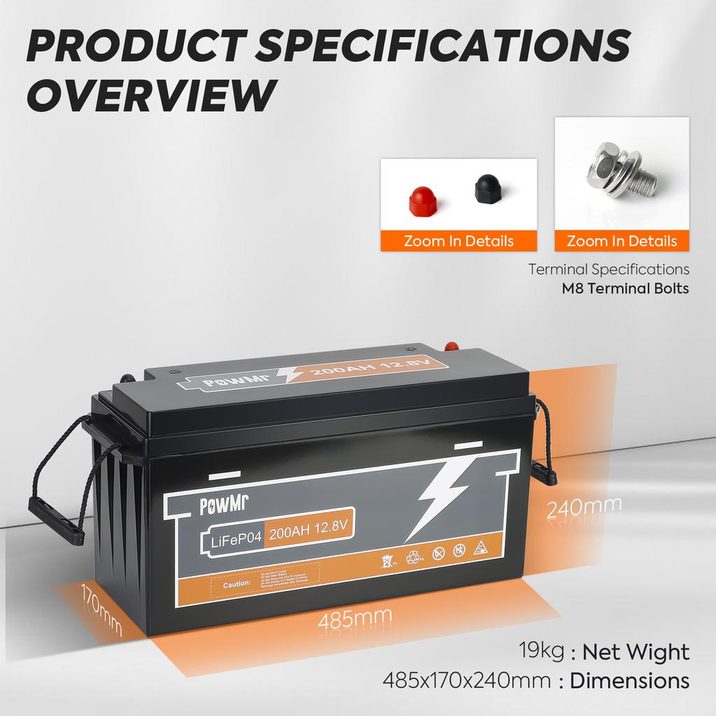 PowMr GER Disponibile 200Ah 12.8V Lunga Durata Ciclo 2560Wh Supporto Parallelo e Serie Accumulo Energia Batteria Solare Ioni di Litio