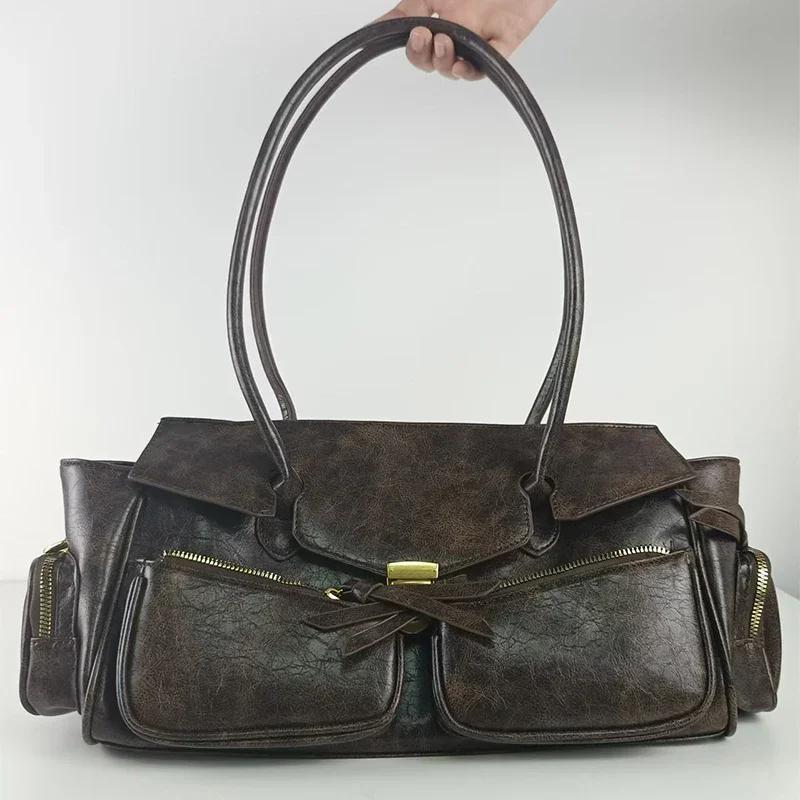 Yogodlns Vintage Unterarmtasche für Mädchen Vielseitige Handtasche Mehrfachtasche Motorradtasche Luxus Designer Handtasche Spaghetti-Träger Ledertasche