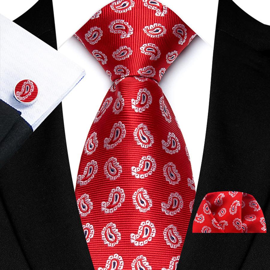 Red Striped Paisley Solid Floral Wedding 8CM Tie For Men Design Mens Necktie Hanky Cufflink Set For Daily Wear Business Party