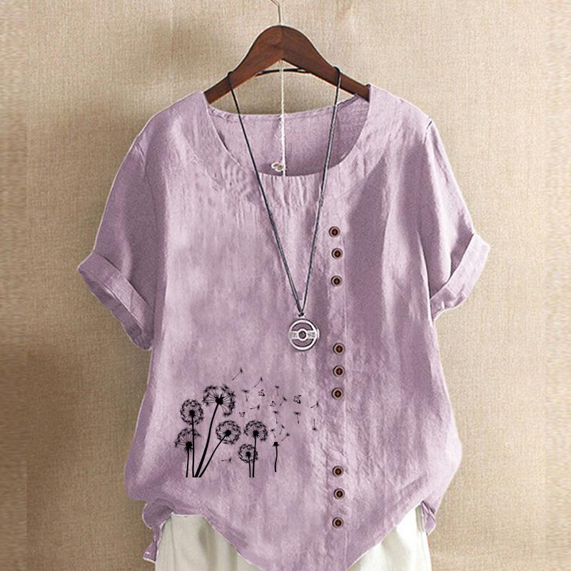 Women's Fashion Black Dandelion Prined Short Sleeve T-shirt Loose Cotton Shirt Casual Loose Summer Plus Size Blouse Tops