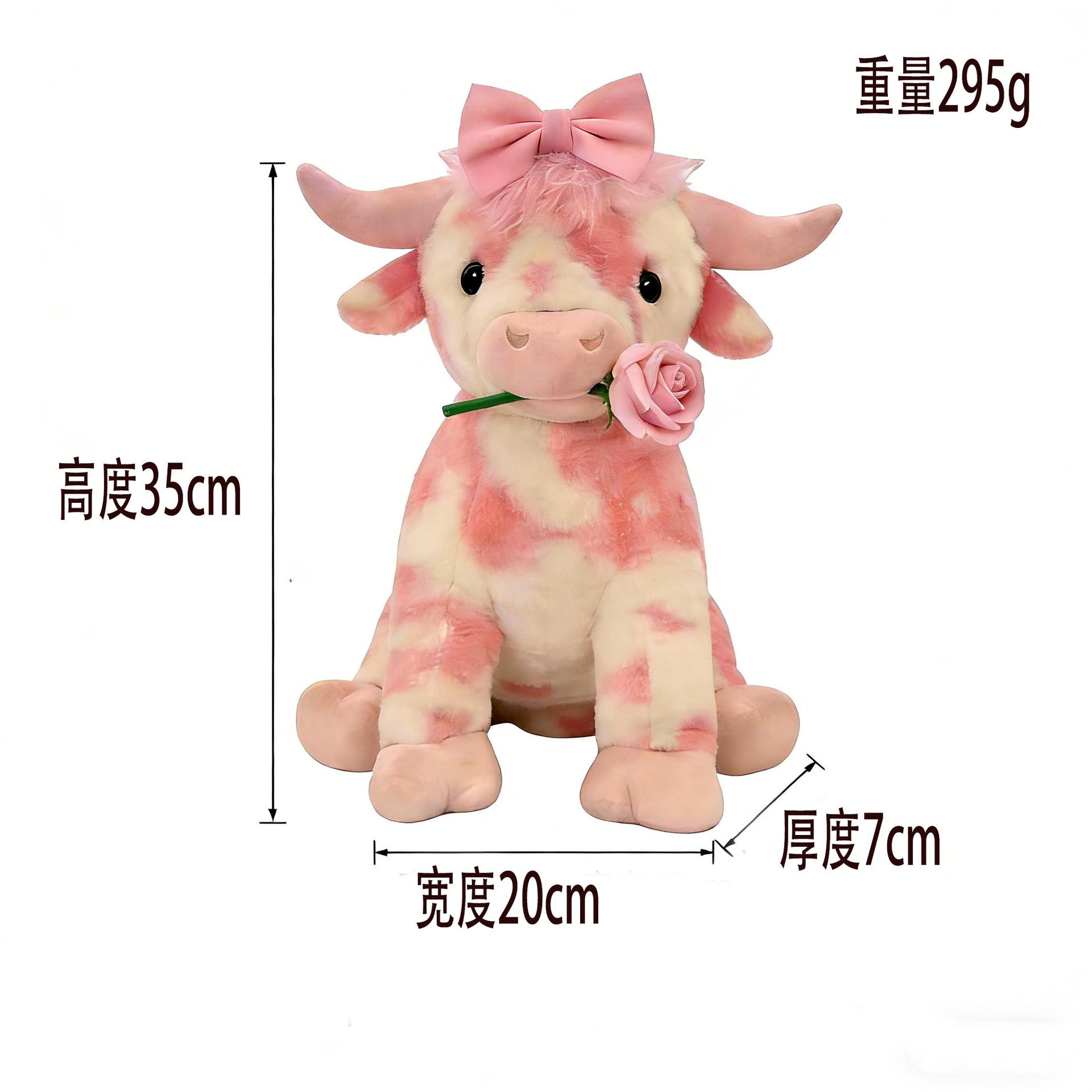 Roze Hooglandkoe Pluche Speelgoed – Schattig Knuffeldier Met Strik & Bloem, Zachte Cadeaudoll Voor Bureau Decoratie 35CM