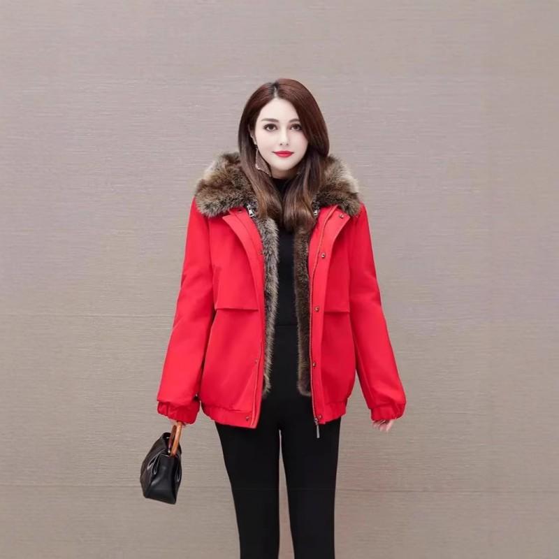 Womens Short False Fur Parka Hooded Outdoor Windbreaker Jacket 2026 Winter Street Style