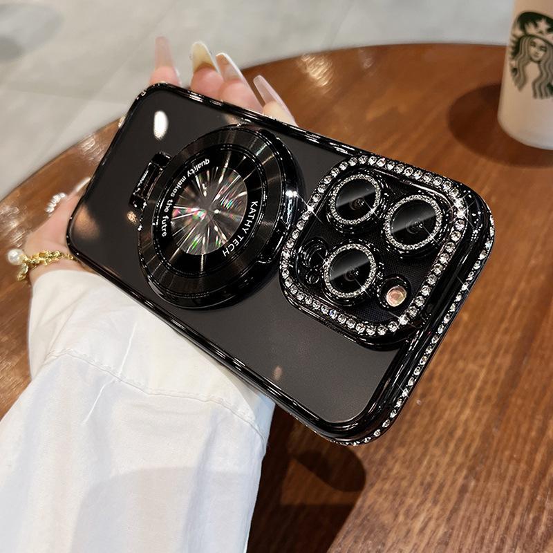 Applicable to iPhone17PRO mobile phone case, advanced sense rhinestone glitter, magnetic suction bracket, Apple 16E transparent sheath 15.